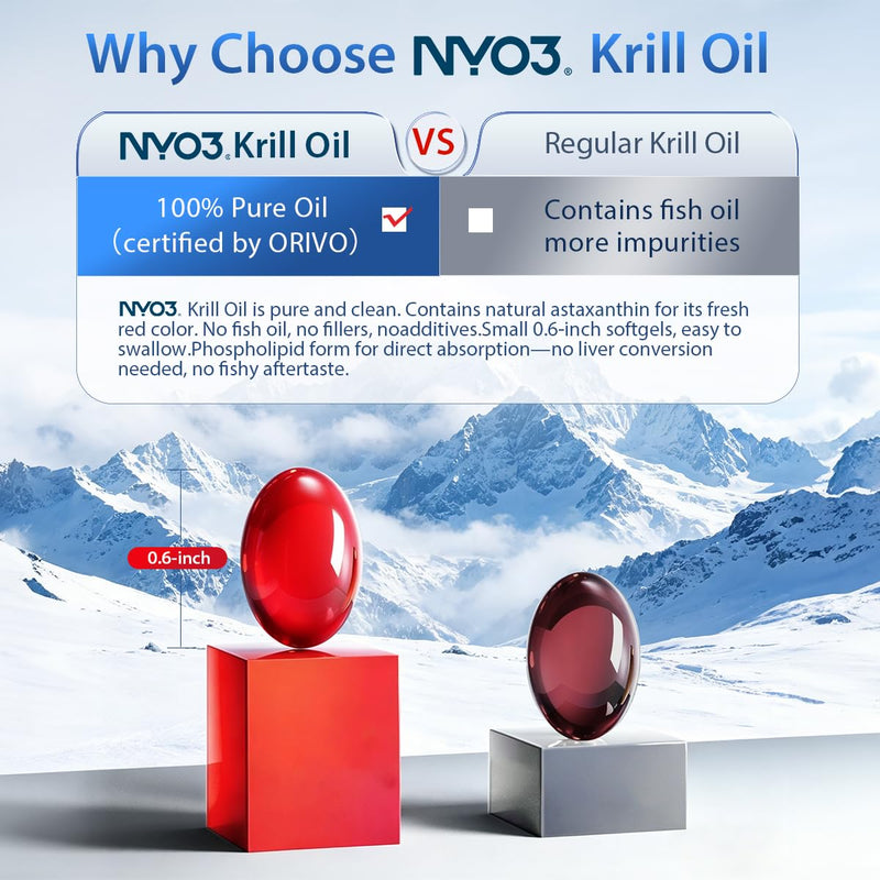 NYO3 100% Antarctic Krill Oil 850mg Omega 3 Supplement Beyond Fish Oil with Choline & Antioxidant Astaxanthin for Heart Brain Joint, GMP, Third Party Tested, No Fishy Burps - 30 Softgels 30 Count (Pack of 1)
