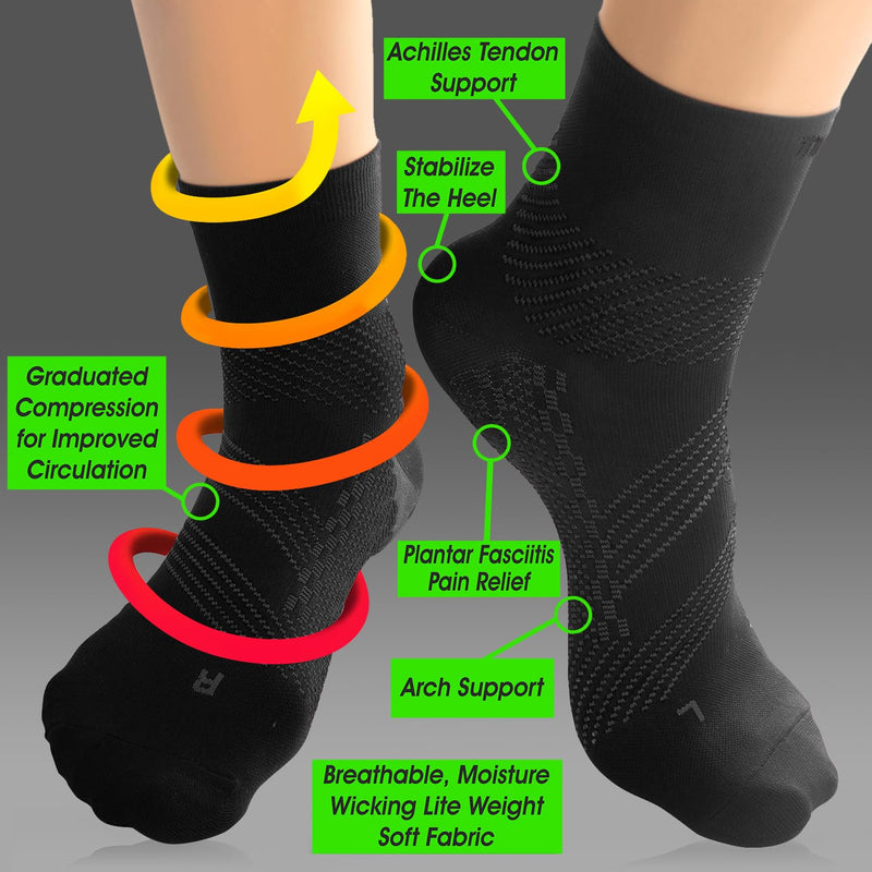 [Australia] - TechWare Pro Plantar Fasciitis Socks - Ankle Compression Socks for Women & Men. Achilles Tendonitis Brace & Foot Arch Support Medium Black / Black 