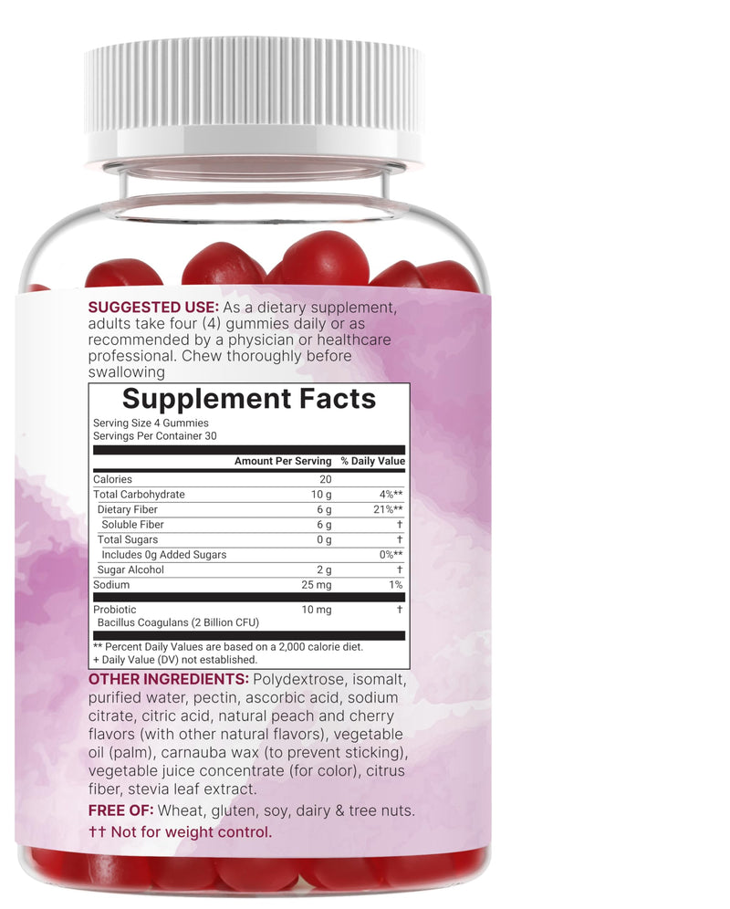 Micro Ingredients Fiber Gummies with Probiotics, 120 Count | 6g Per Serving + 2 Billion CFU | Sugar Free Peach Cherry Flavor | High Fiber Supplement for Women & Men | Non-GMO, Gluten Free