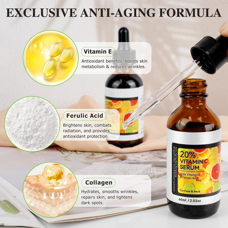 Vitamin C Serum,Anti Aging Facial Serum with Vitamin C,Reduce Dark Spots - Acne & Wrinkles, Brightening Serum, Even Skin Tone, Eye Area, Boost Skin Collagen,Hydrate & Plump Skin 60ml (2pcs) 2.02 Fl Oz (Pack of 2)