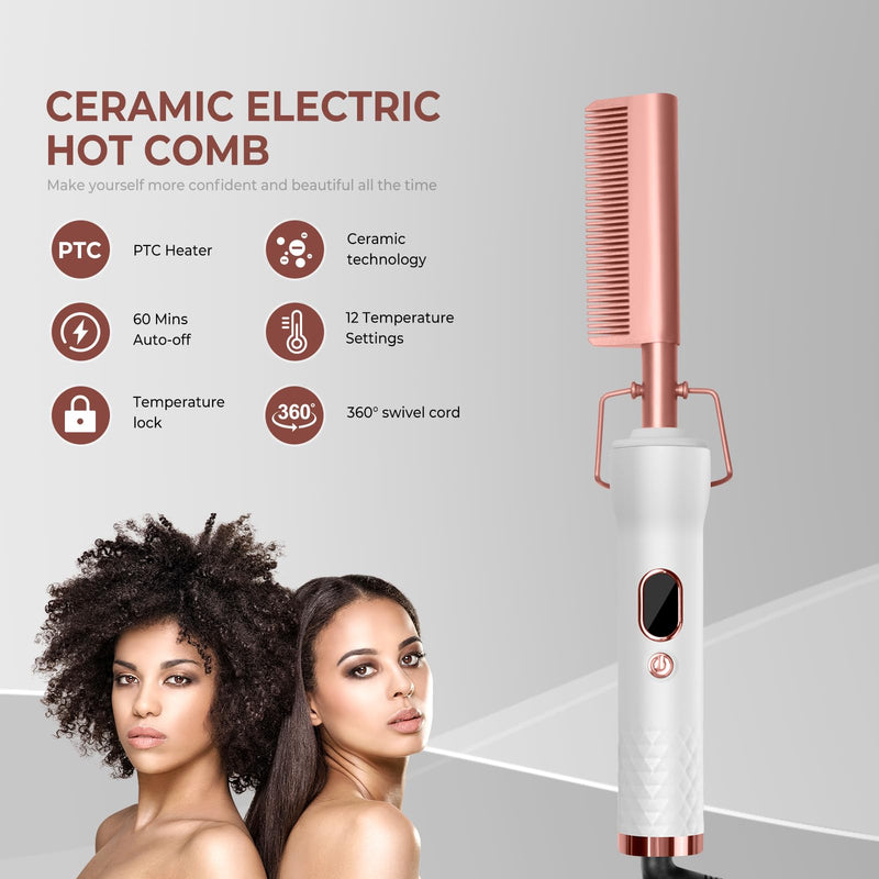 Hot Comb,Electric Hot Comb for Wigs Human Hair with 12 Temp Settings,110-240V Straightening Comb for Black Hair,Heating Up to 450°F Pressing Combs White