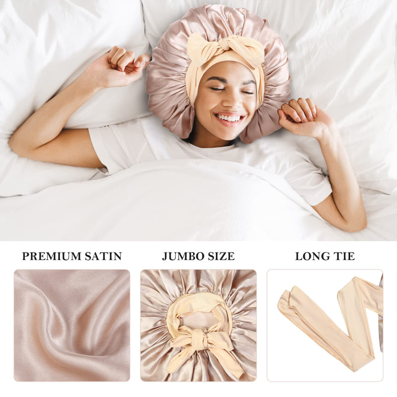 [Australia] - 3Pcs Bonnet for Sleeping, Extra Satin Silk Bonnet for Sleeping Women with Tie Band for Curly Hair Jumbo Bonnet Braids A-01-rose pink, black, champagne 