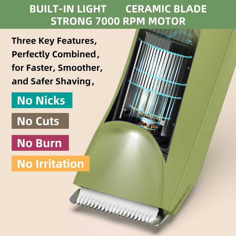 [Australia] - INVJOY Pubic Hair Trimmer for Men Women, Electric Body Shaver w/Light for Balls Groin, Bikini Trimmer No Nick, No Cut, No Razor Burn, Waterproof Personal Groomer for Private Area Grooming Green 