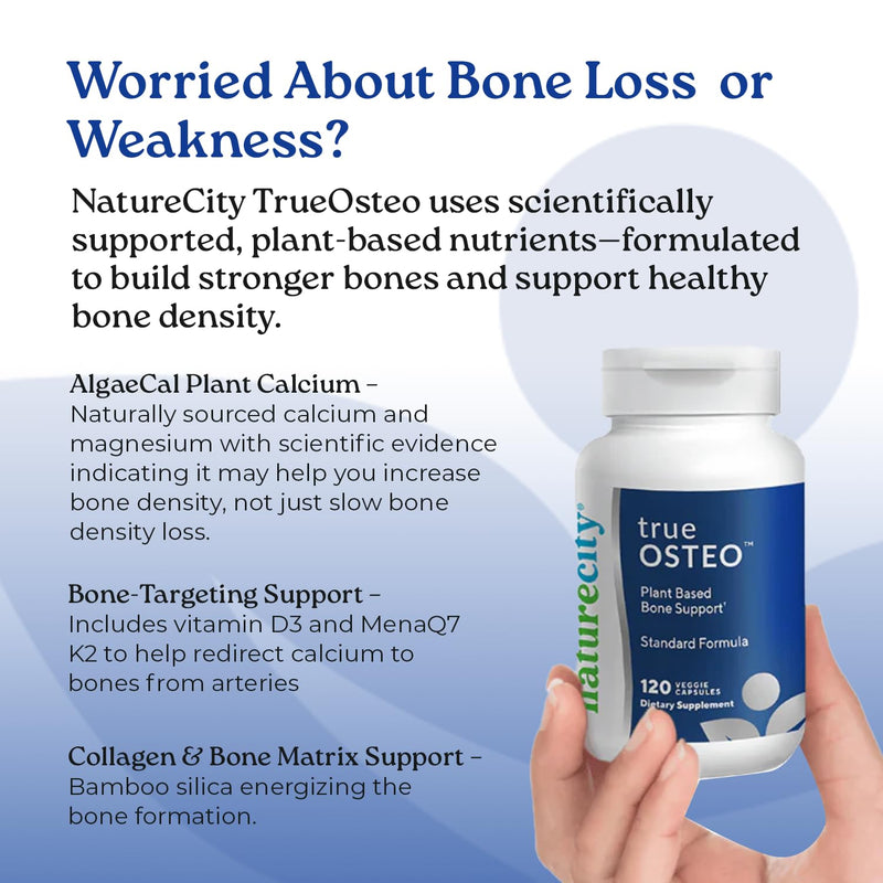NatureCity True-Osteo Plant-Based Supplement for Bone Strength | AlgaeCal Calcium & Magnesium, Plant-Based Vitamin D3, Vitamin K2, Silicon| Gentle on Stomach (120 Veggie Capsules) 120 Count (Pack of 1)