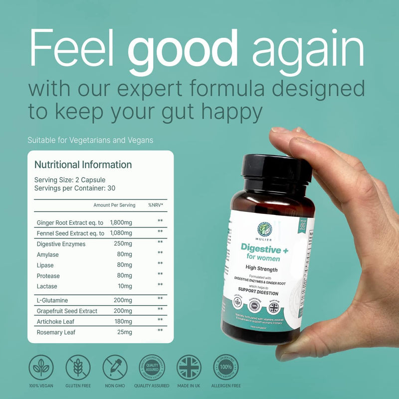 Mulier Menopause Bloating Relief, Digestive Enzyme Supplement, 10 Active Ingredients + Digestive Enzymes, Allergen Free & Vegan Friendly, 1 Month Supply, 60 Count, Gut Health