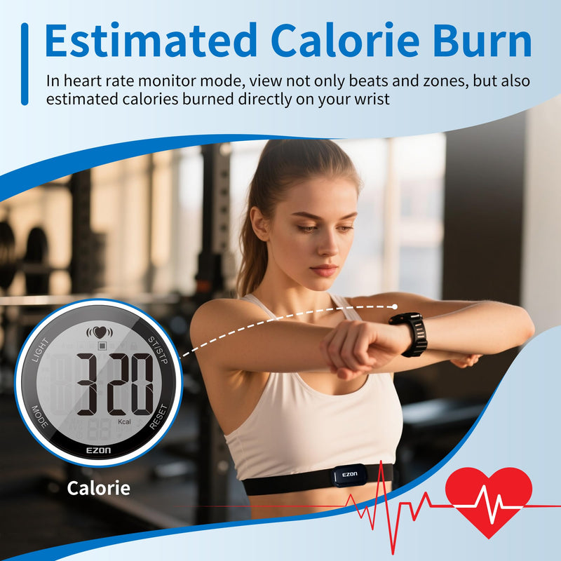 [Australia] - EZON Heart Rate Monitor Chest Strap and Digital Watch T037,5ATM Waterproof Fitness Tracker with HRM,Calories Burned,Stopwatch and Hourly Chime (Watch Band Included) 
