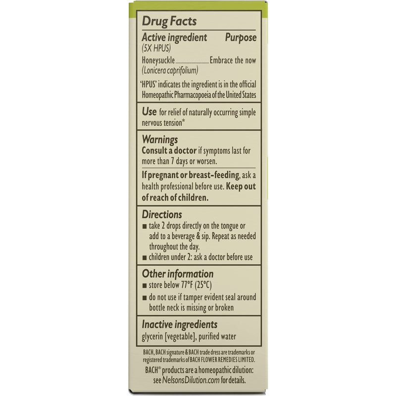 [Australia] - Bach Original Flower Remedies, Honeysuckle for Embracing The Now (Non-Alcohol Formula), Natural Homeopathic Flower Essence, Holistic Wellness and Stress Relief, Vegan, 10mL Dropper 