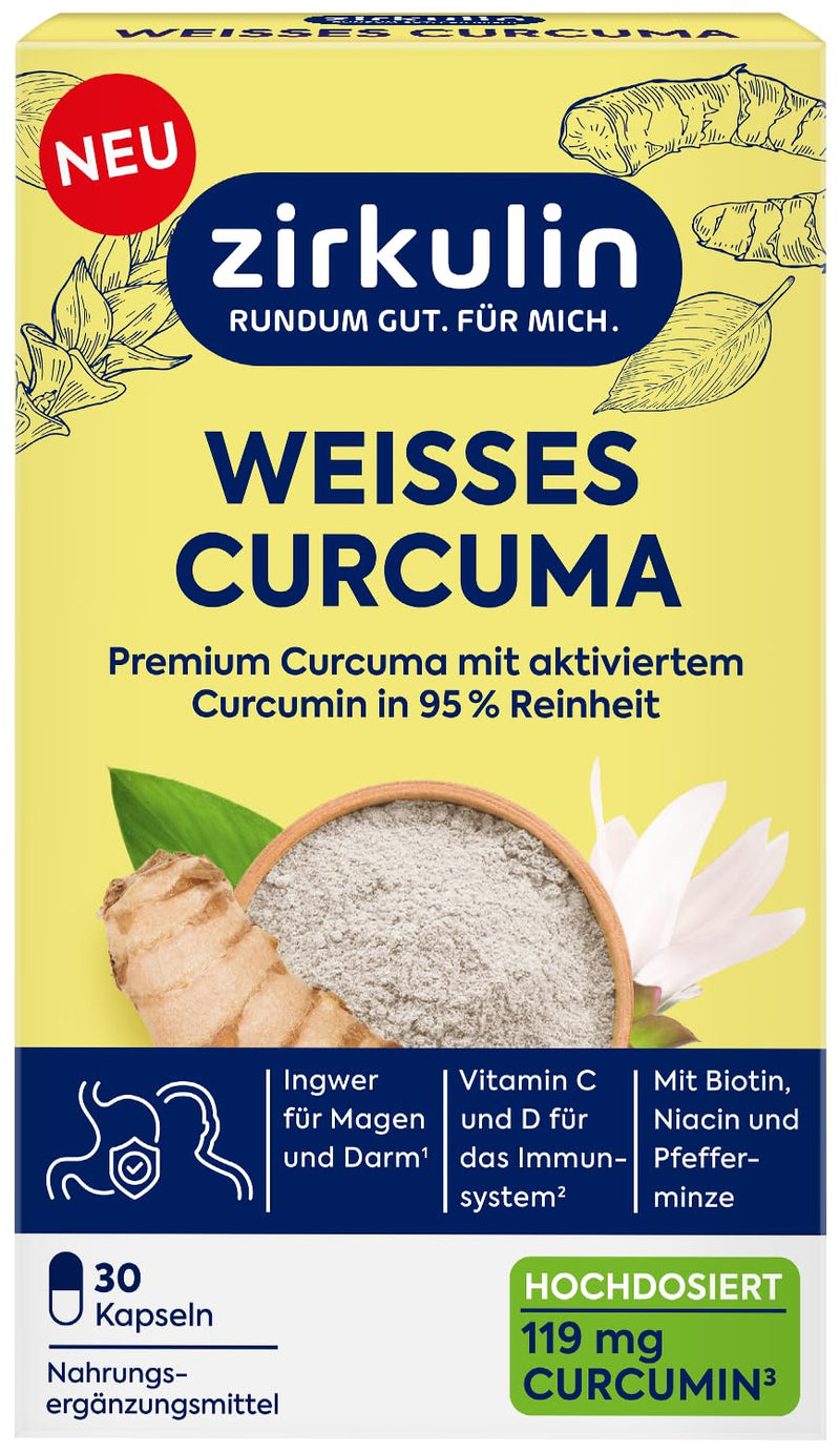 [Australia] - Zirkulin White Curcuma 30 Capsules - Premium Curcuma High Dose & High Bioavailability - Promotes Gastrointestinal Wellbeing & Strengthens the Immune System - with Biotin, Niacin, Ginger & Vitamin C + D 30 Pieces (Pack of 1) 