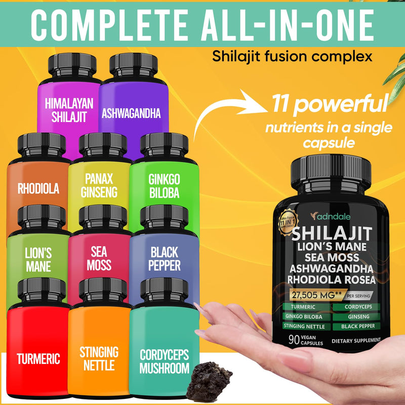 [Australia] - Shilajit Pure Himalayan Organic. 11-in-1 Shilajit for Men. Shilajit Capsules with Sea Moss Himalayan Shilajit Ashwagandha Rhodiola Rosea Panax Ginseng Turmeric Lion’s Mane Ginkgo. 27’505 mg/Serving 