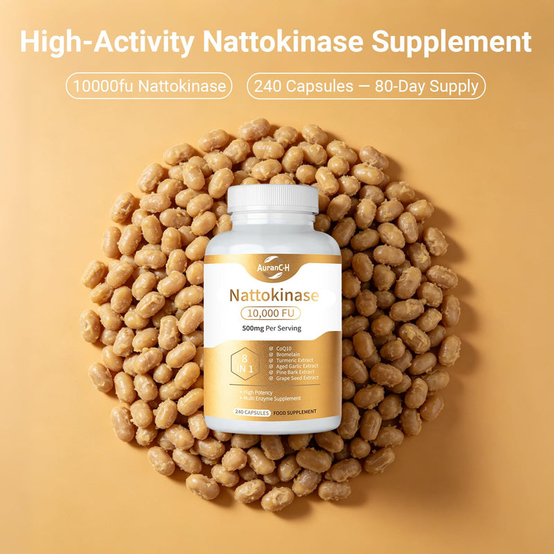 Nattokinase 10,000 FU per 3 Capsules - High-Strength 240 Nattokinase Capsules from Fermented Natto Soybeans with CoQ10, Turmeric, Aged Garlic & Pine Bark Extract - 80-Day Supply