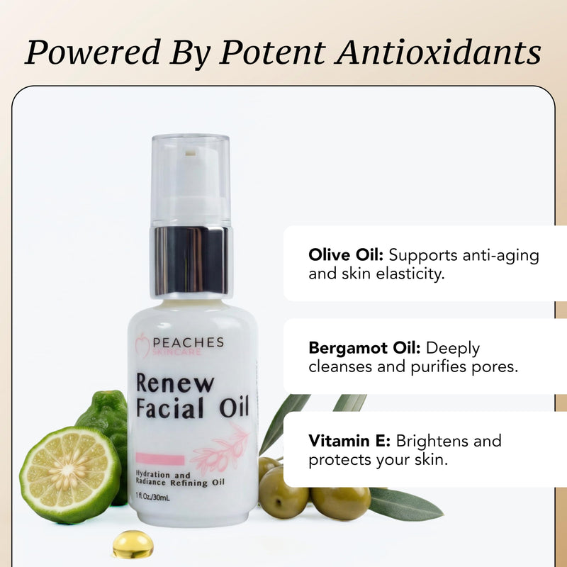 Peaches Skin Care Renew Facial Oil - Squalene Face Oil, 1 oz | Nourishing facial oil with squalene-rich olive oil and vitamins C and E for balanced, smoother-looking skin.