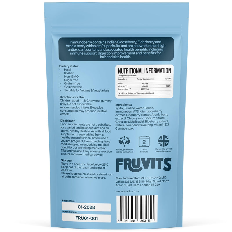 Kids Prebiotic Gummies – 1-a-Day, Sugar-Free – Gut Health & Immune Support with Inulin, Vitamin D3 & Immunoberry™ – Vegan, Allergen-Free – Blueberry Flavour – 30-Day Supply, Ages 4-13