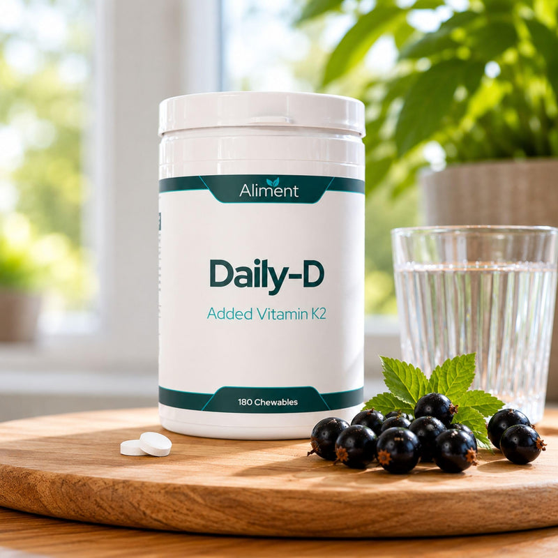 Aliment Daily-D Vitamin D3 1000IU + K2 Chewable Tablets - Blackcurrant Flavour - Immune, Bone & Muscle Support - Easy Daily Vitamin D Supplement - 180 Chewables 180 count (Pack of 1)