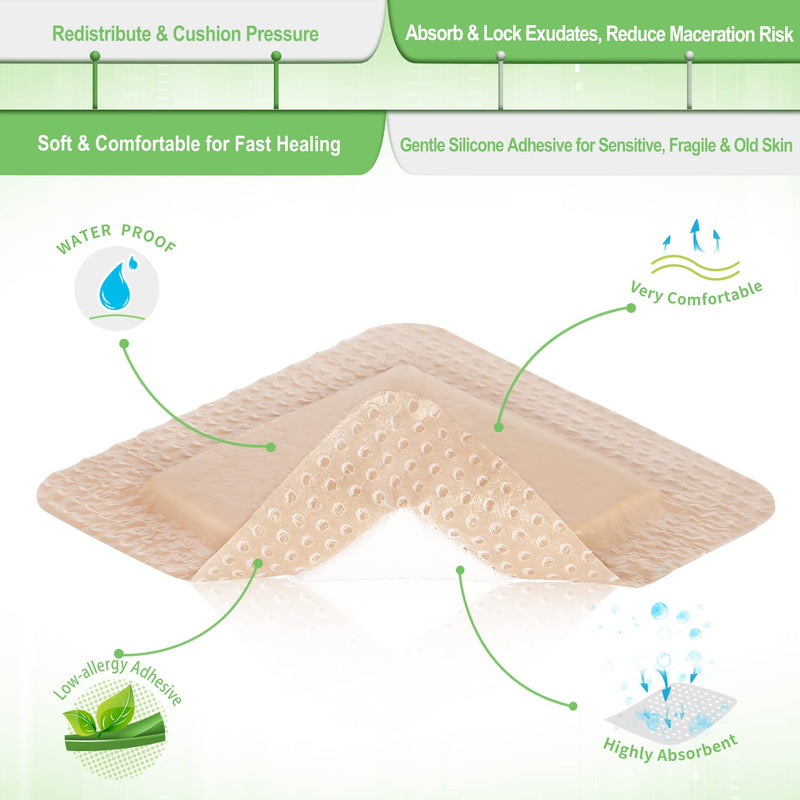 [Australia] - NeuHeils Silicone Foam Dressing with Gentle Border 4''x4'', 20 Pack for Bed Sore Leg Ulcer, High Absorbency Large Waterproof Silicone Wound Bandage 4''x4'' (20 Packs) 