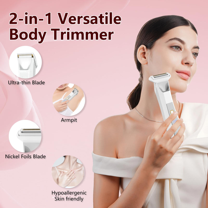 [Australia] - 2-in-1 Electric Bikini Trimmer for Women, Dual Head Shaver for Body & Pubic Hair, Painless Smooth, No-Nick Shaving, IPX7 Waterproof, Lightweight with Travel Lock, LED Display White 
