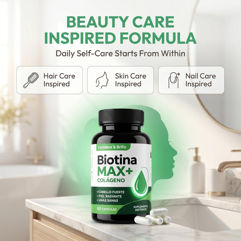 Biotina Max Colageno Capsulas - Biotin & Collagen Complex with Vitamins, Daily Beauty & Wellness Formula, Hair & Skin Care Supplement - 60 Capsules