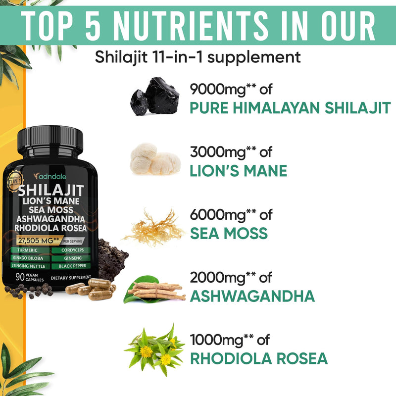 [Australia] - Shilajit Pure Himalayan Organic. 11-in-1 Shilajit for Men. Shilajit Capsules with Sea Moss Himalayan Shilajit Ashwagandha Rhodiola Rosea Panax Ginseng Turmeric Lion’s Mane Ginkgo. 27’505 mg/Serving 