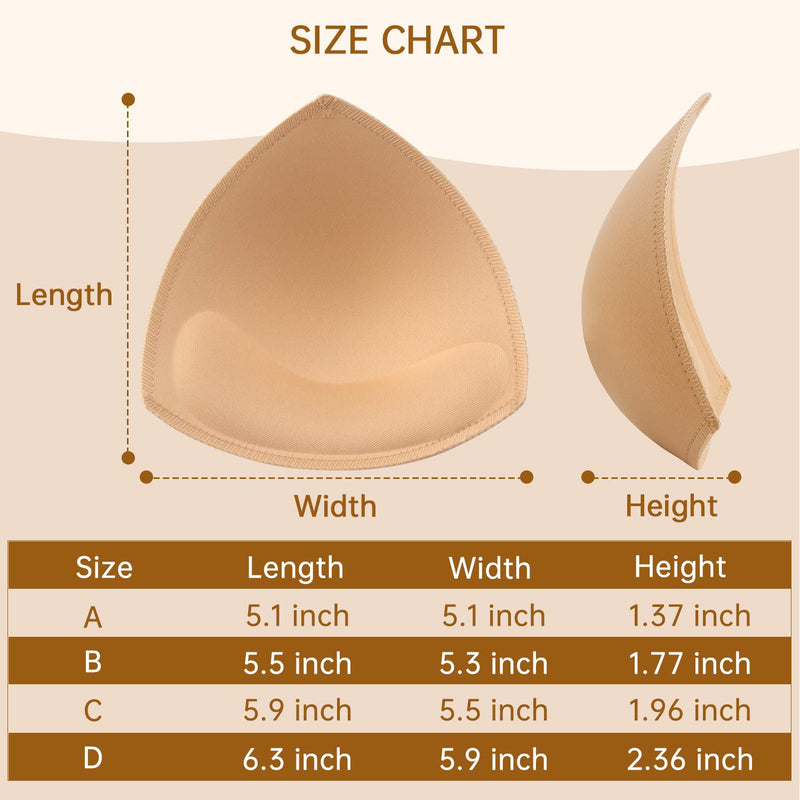 Bra Pads Inserts 4 Pairs Sewn Edges Breast Padding for Sports Bras Swimsuits Bikini A, B, C, D Cup Available Beige