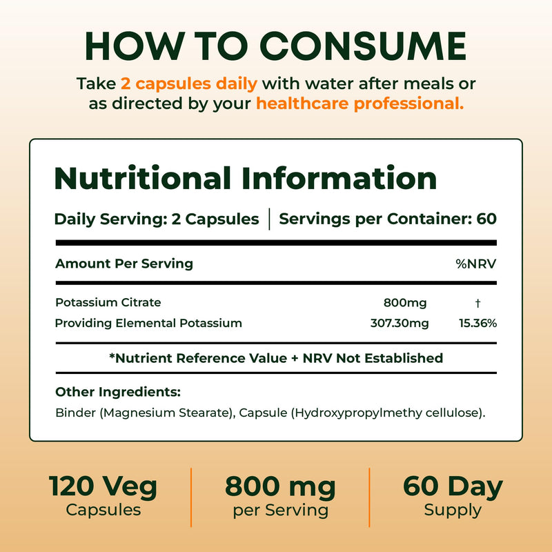 Pure Nutrition Potassium Citrate 800mg | 120 Caps | Support Electrolyte Balance | High Potency 800mg Potassium Citrate per Serving.