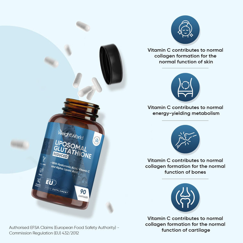 WeightWorld L-Glutathione Supplement 1000mg - 90 Capsules - with Vitamin C, Hyaluronic Acid & Alpha Lipoic Acid - Non-GMO & Vegan - Reduced Liposomal Glutathione Capsules for Men & Women