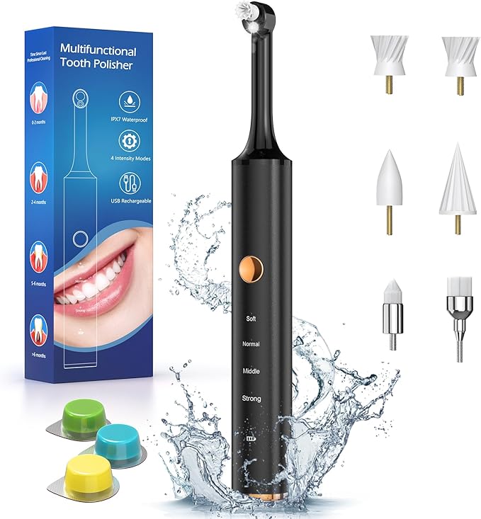 Teeth Polisher and Plaque Remover,Tooth Polishing Kit with 5 Replacement Heads & Cleaning Modes,USB Rechargeable,Ipx6 Waterproof,Teeth Polisher Electric Professional for Adults &Kids Blue