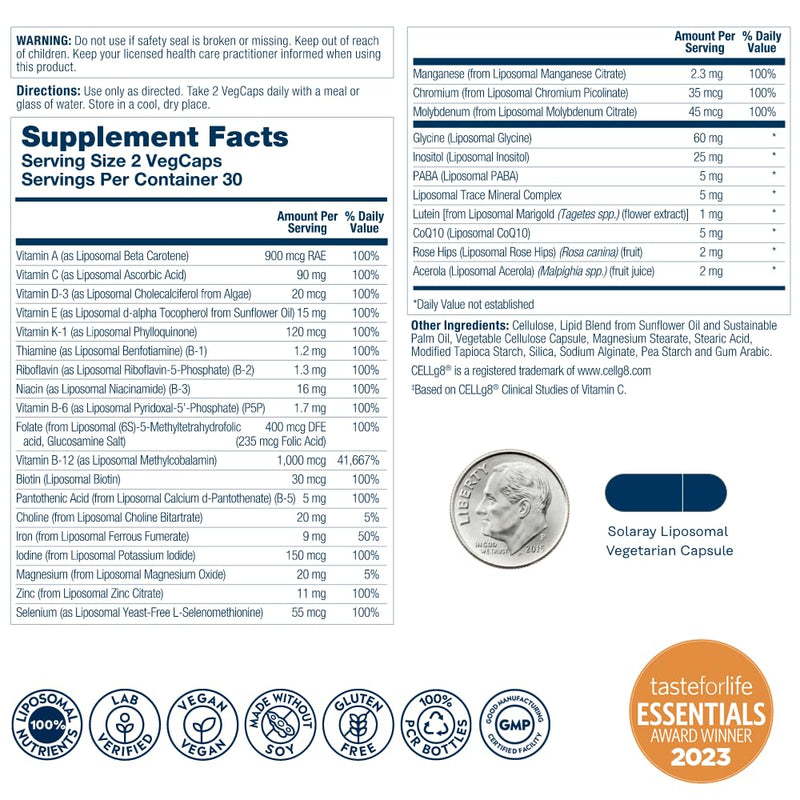 SOLARAY Liposomal Multivitamin Men & Women, 60 VegCaps | Daily Multivitamin, Enhanced Liposomal Absorption, Vitamins, Minerals, CoQ10 & Lutein, 30 Servings, Vegan & Lab Verified 60 Count (Pack of 1) Universal