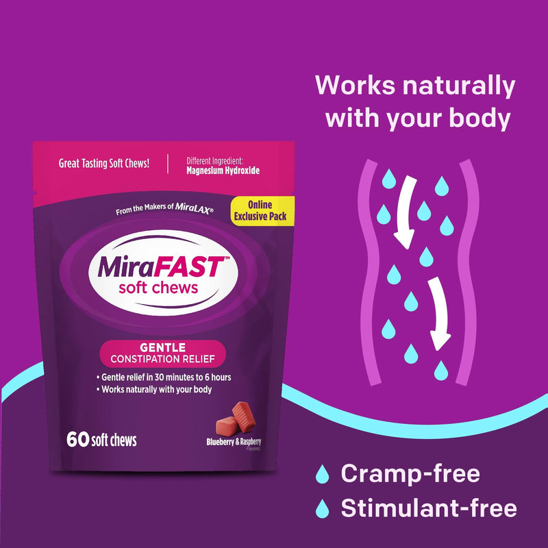 [Australia] - MiraFAST Soft Chews, from The Makers of MiraLAX, Gentle Constipation Relief, Fast Acting Laxative, Stimulant Free Saline Laxative, Magnesium Hydroxide, Blueberry & Raspberry Flavor, 60ct 