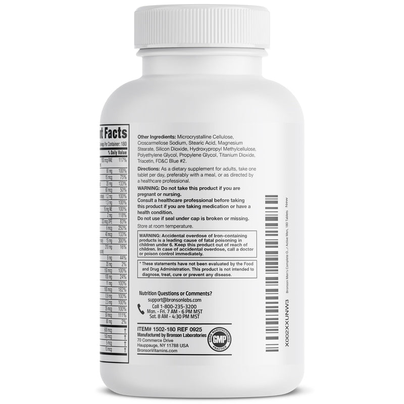 Bronson ONE Daily Men's Complete Multivitamin Multimineral, 180 Tablets | Once-Daily, Targeted Nutrition For Active Men, Wellness, Vitality, Energy & Endurance Support with Lycopene & Boron 180 Count (Pack of 1) Men's Vitamin