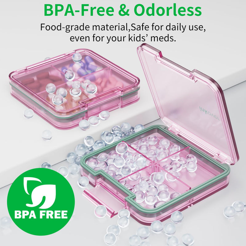Small Pill Box, Travel Pill Organizer, Small Pill Case, Pill Container for Purse 4 Compartments, Daily Compact Travel Medicine Holder for Vitamins Medication (Pink) Pink