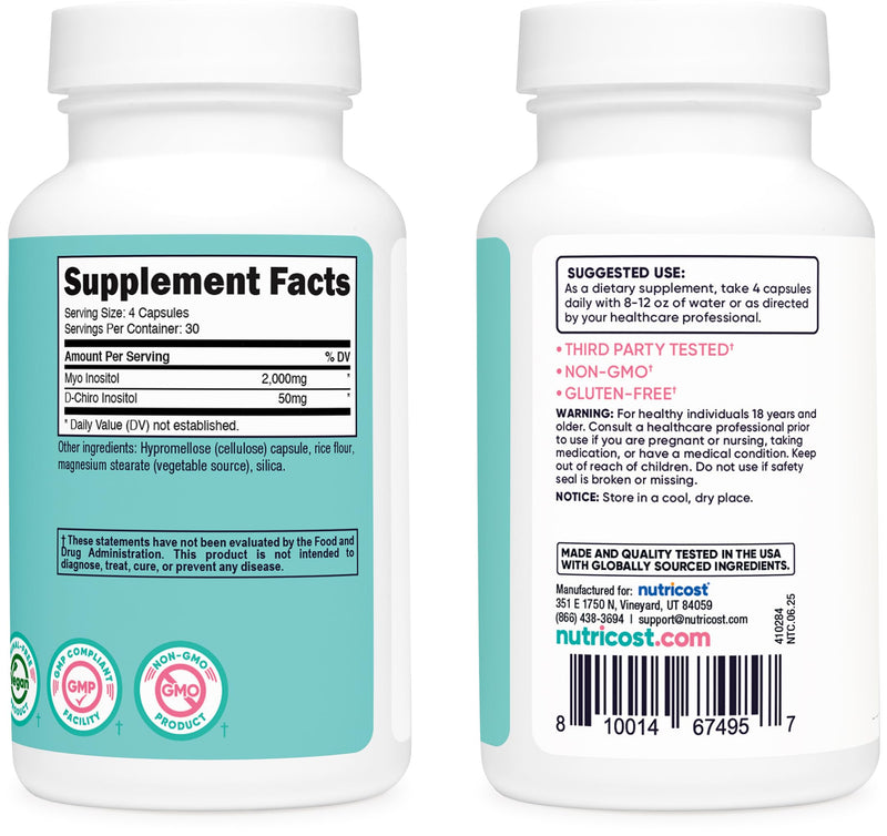 Nutricost Myo Inositol & D-Chiro Inositol for Women 2000mg, 120 Capsules, 2000mg Myo & 50mg D-Chiro Per Serving, 30 Servings, Vegetarian Friendly, Non-GMO & Gluten Free (Pack of 2) 120 Count (Pack of 2)