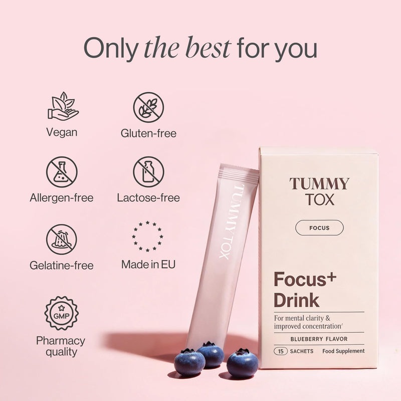 Focus Supplement with Ashwagandha, Taurine, Ginkgo Biloba, Guarana, Chicory, Blueberry Flavoured Drink, 30 sachets by Tummy Tox