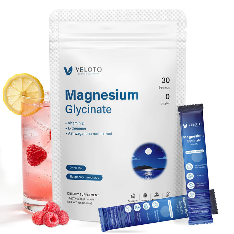 Cortisol Calm Drink Sachets, Magnesium Glycinate Powder with Ashwagandha, L-Theanine & Vitamin D3, Stress Relief, Sleep & Relaxation Support, Sugar-Free, Non-GMO, 30 Sticks, Raspberry Lemonade Flavour