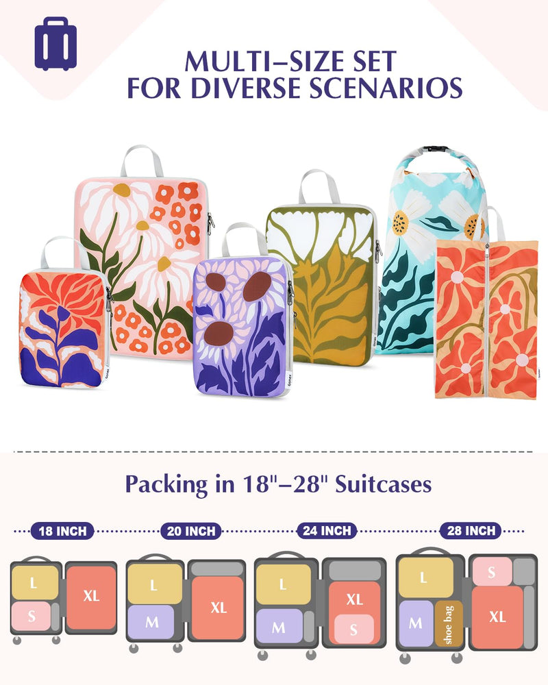Gonex 6-Piece Compression Packing Cubes with Shoe & Laundry Bags | Floral Pattern, Ripstop Fabric, Double-Zip Compression, Carry-On Friendly, Lightweight Flowers 6 Set