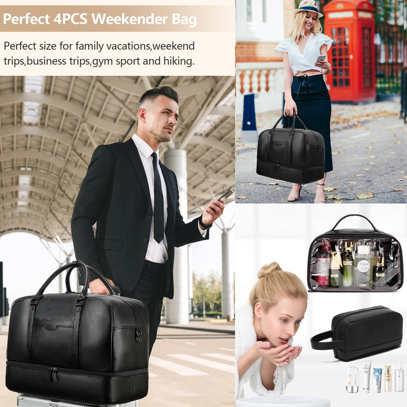 4-in-1 Leather Duffle Bag Weekender Bag for Women Men Large Overnight Bag | Hospital Gym Bag Carry On Personal Item Travel Duffel Bags with Shoe Compartment Toiletry Satchel Bag Fit 21" Laptop Black