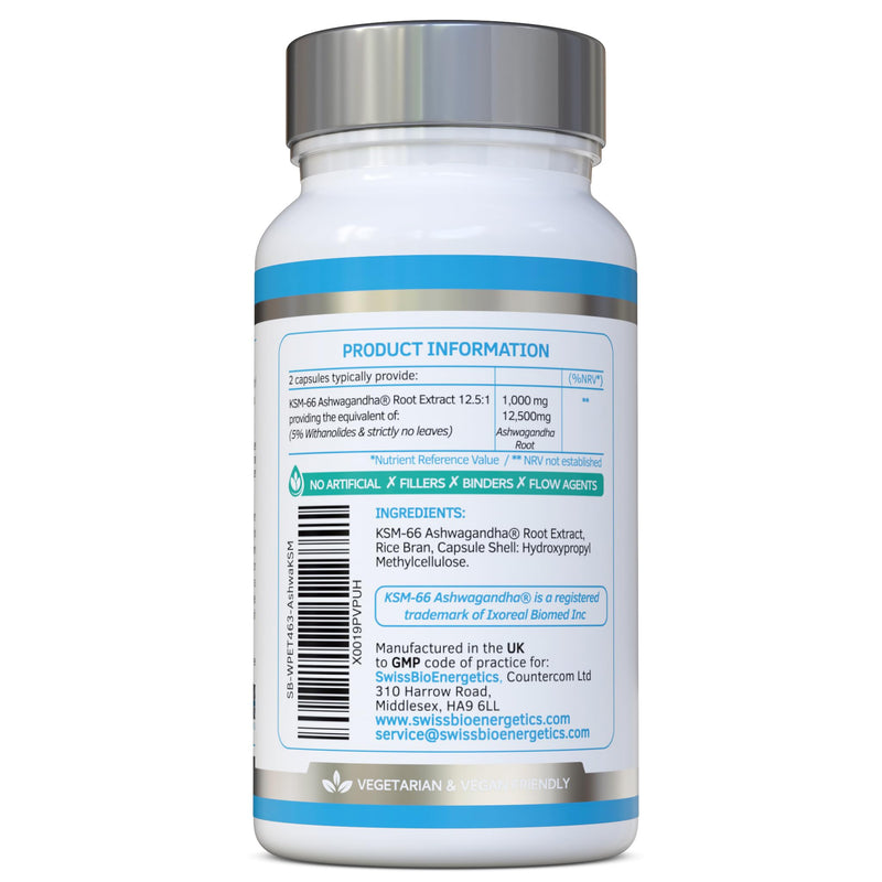 Ashwagandha KSM-66 : 12,500mg Daily Super High Strength Ashwagandha - 5% Withanolides - Equivalent 1000mg Extract - No Artificial Fillers or Binders - Organic Withania Somnifera Root - UK Made