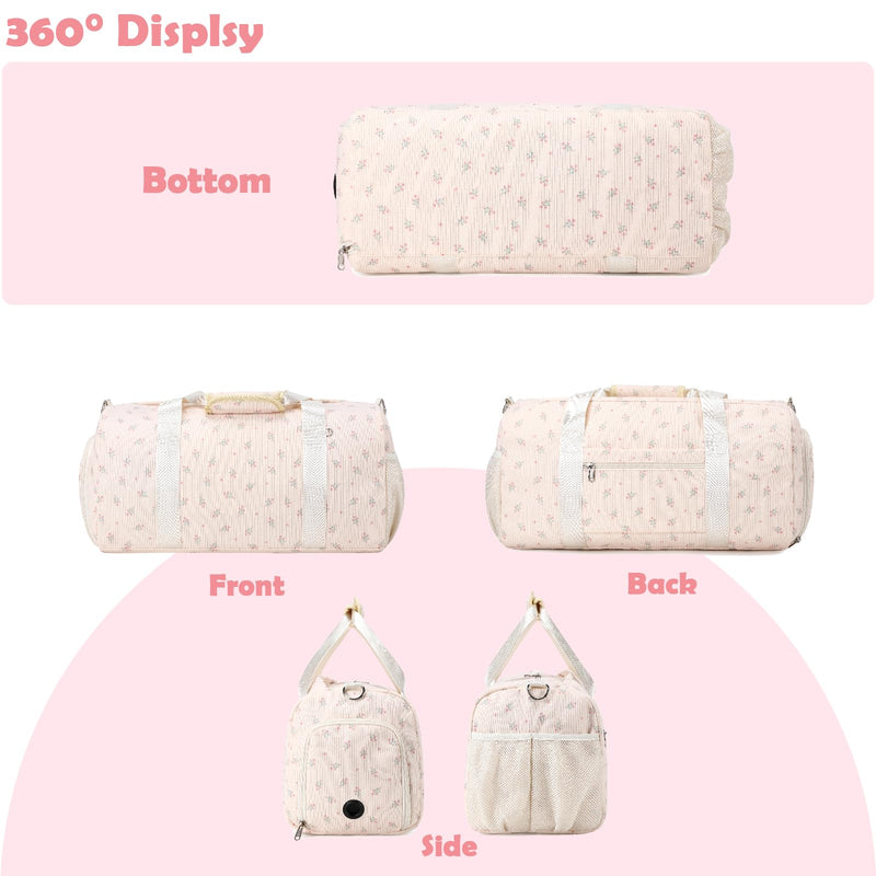 Kimwadalh Travel Duffle Bags with Wet & Shoe Compartments for Girls Women | Dry/Wet Pockets & Shoes Compartment Weekender Carry On Tote Sport Bags for Girls, Mommy Hospital Bag for Labor and Delivery Flower Pink