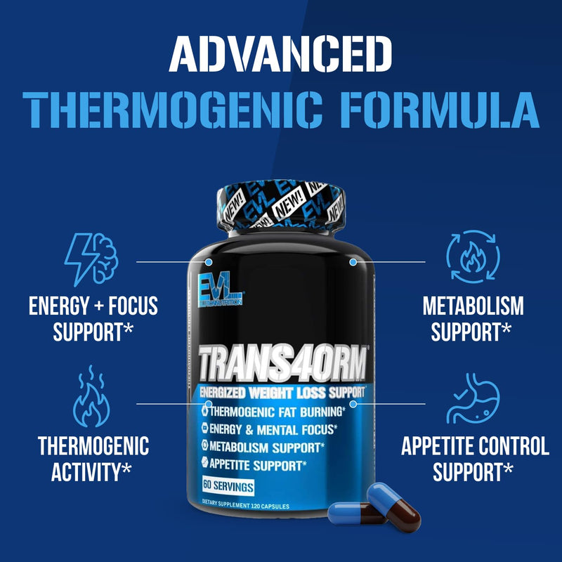 EVL Trans4orm - Thermogenic Fat Burner Support for Men & Women- 60 Servings | Fast Acting Weight Loss Energy and Appetite Support - Green Tea Supplement for Men and Women 120 Count (Pack of 1)