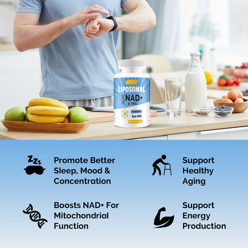 Liposomal NAD+ Softgels 500mg with TMG 250mg, More Efficient Than Nicotinamide Riboside, Supports Cellular Energy & Healthy Aging (60 Count (Pack of 1)) 60 count (Pack of 1)