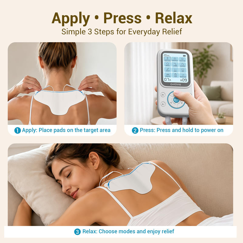 Comfytemp TENS Unit with Specialized Pads for Lower Back & Neck Shoulder Pain Relief, Easy-to-Use TENS Unit Muscle Stimulator with Large Display, Portable Dual Channel TENS Machine with Carrying Case