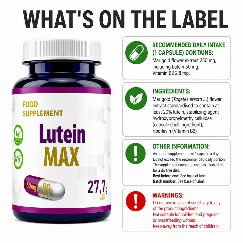Hepatica Lutein 50mg with Vitamin B2 | Normal Vision Support | Marigold Extract | 90 Vegan Capsules | 3-Month Supply | 3rd Party Lab Tested