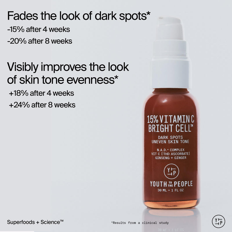 Youth To The People 15% Vitamin C Bright Cell Face Serum (1 fl oz) | Brightening Facial Serum for Even Tone - Niacinamide + Adenosine + D-Ribose, Fade Dark Spots, Sensitive + Acne Skin Approved