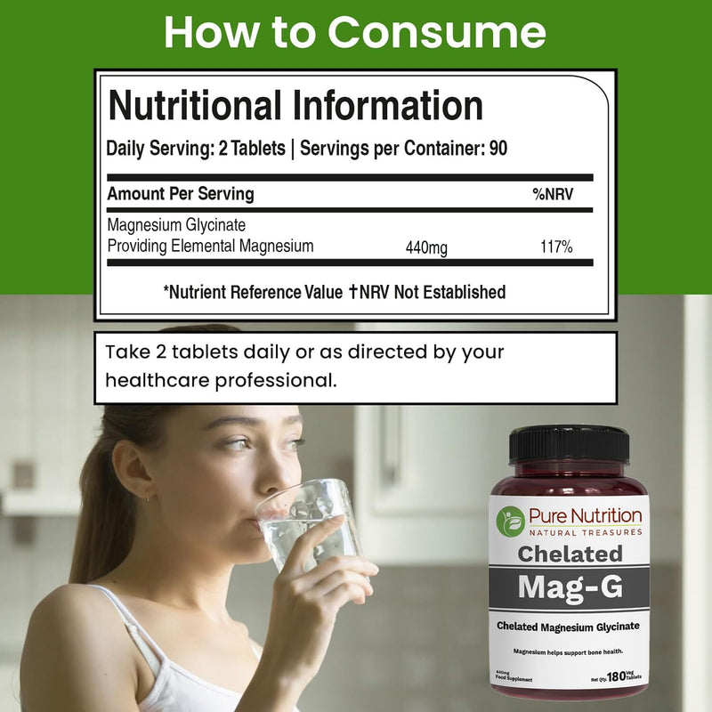 Pure Nutrition MagG - Chelated Magnesium glycinate Supplement | 180 Tabs | 440mg Elemental Magnesium | High Absorption Supplement to Support Overall Well Being