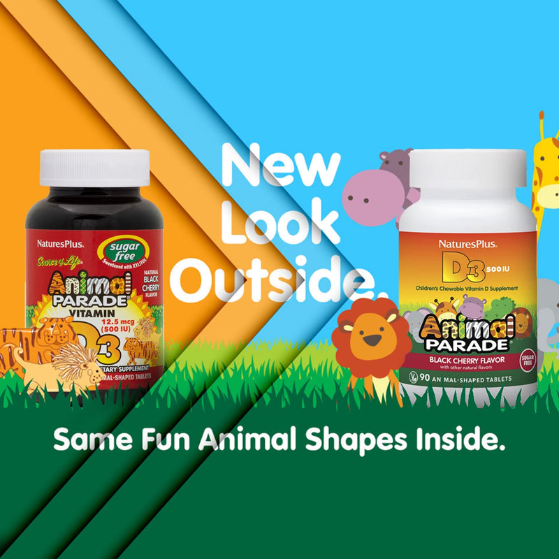 [Australia] - Natures Plus Animal Parade Sugar-Free Children's Vitamin D3-500 IU - Black Cherry Flavor - 90 Chewable Animal Shaped Tablets - Bone Health & Immune System Support - 90 Servings 