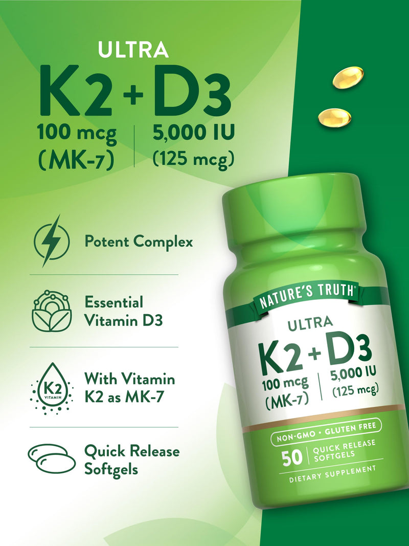 [Australia] - Nature's Truth Vitamin K2 MK7 Complex | 100 mcg | 50 Softgels | with D3 | Non-GMO & Gluten Free Supplement 50 Count (Pack of 1) 
