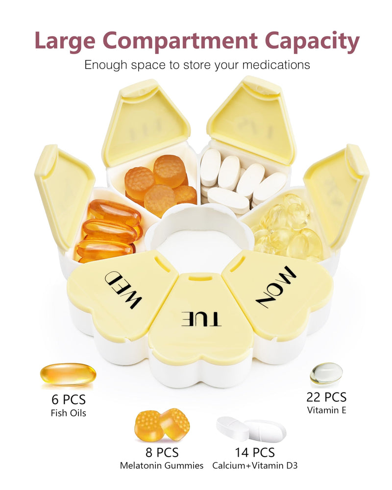 MOLN HYMY Large Weekly Pill Box 7 Day, Pill Case Organizer, Flower Pill Container Once Daily, Round Medicine Dispenser for Vitamin/Fish Oil/Medication/Supplement (Yellow) Yellow