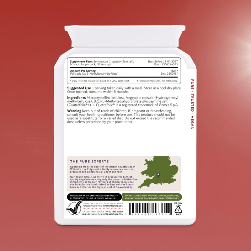 5-MTHF 5mg Quatrefolic® | Bioavailable 4th Generation Active Folate | High Strength Methylfolate | No Added Binders, Fillers or Additives | 60 Vegan Capsules UK Made