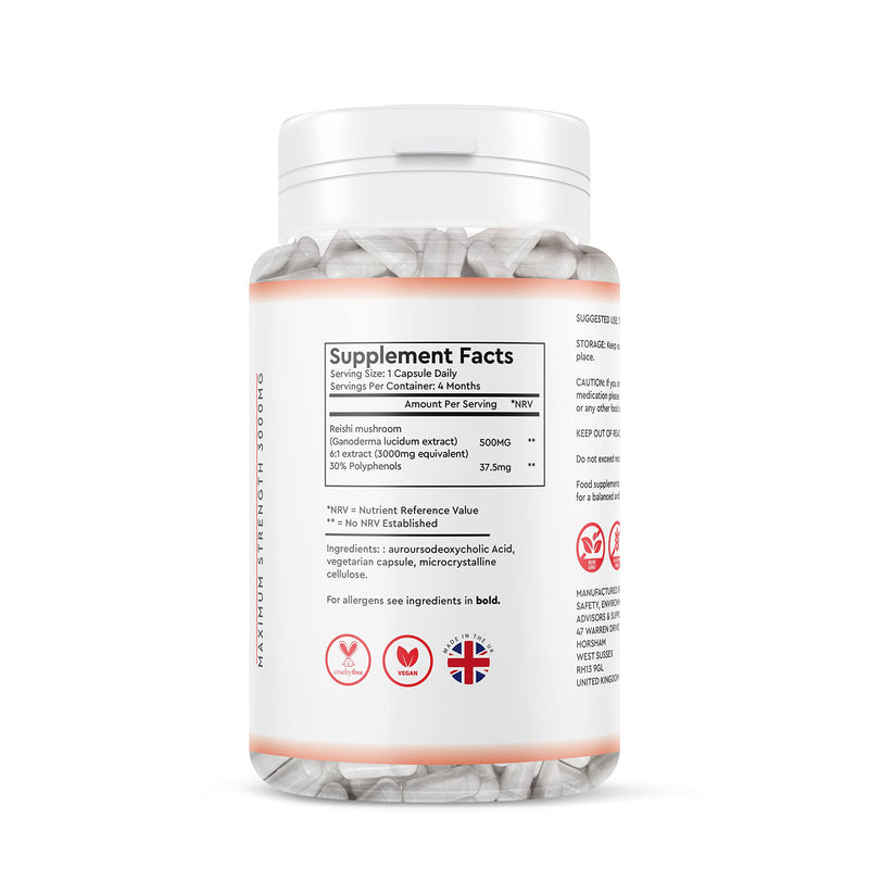 Reishi Mushroom Extract 3000MG - 4 Month Supply 120 Vegan Capsules - Ganoderma lucidum Extract