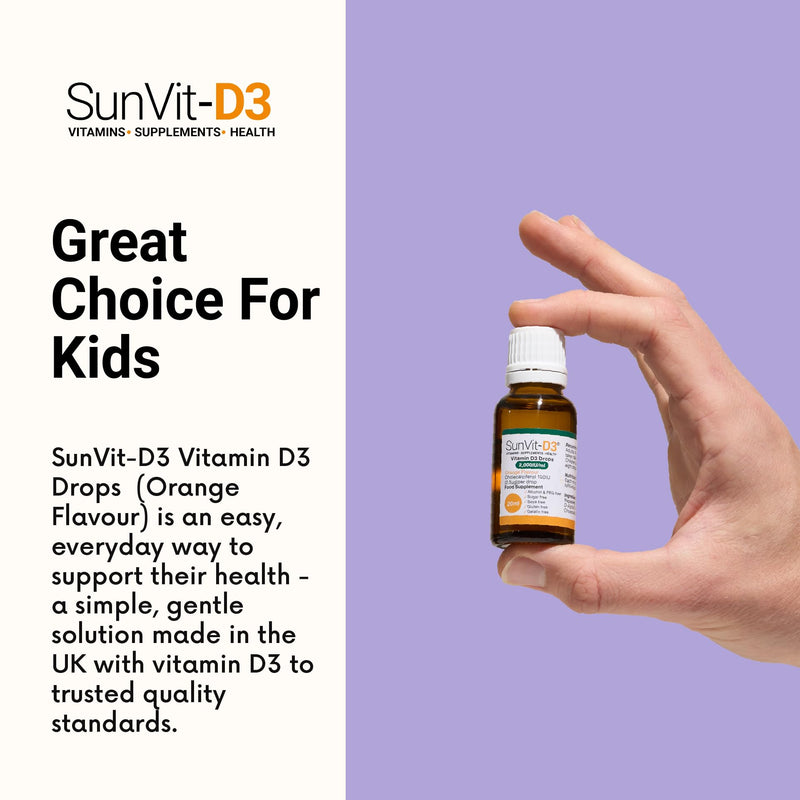 SunVit-D3 Vitamin D3 2000iu Drops - Cholecalciferol Baby Vitamin D Drops, Vitamin D for Kids | Support The Maintenance of Bone, Teeth, Muscle & Immune System | Vitamin D Kids (20ml Orange Flavor)