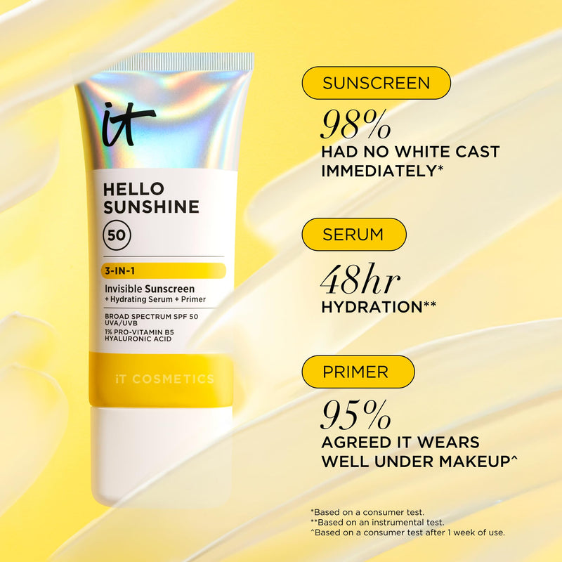 IT Cosmetics Hello Sunshine Hydrating Serum Facial Sunscreen SPF 50 | 3-in-1 Daily Face Sunscreen + Hydrating Serum + Makeup Primer - No White Cast, Sun + Pollution Protection for Face and Neck 2.7 Fl Oz