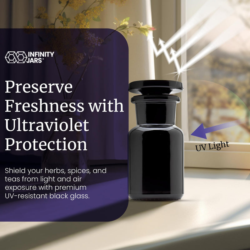Infinity Jars 50 ml (1.69 fl oz) Black Ultraviolet Blocking Glass Apothecary Jar Airtight Smell‑Proof Refillable Container for Herbs, Spices, Tea & Essential Oils 1 50 ml